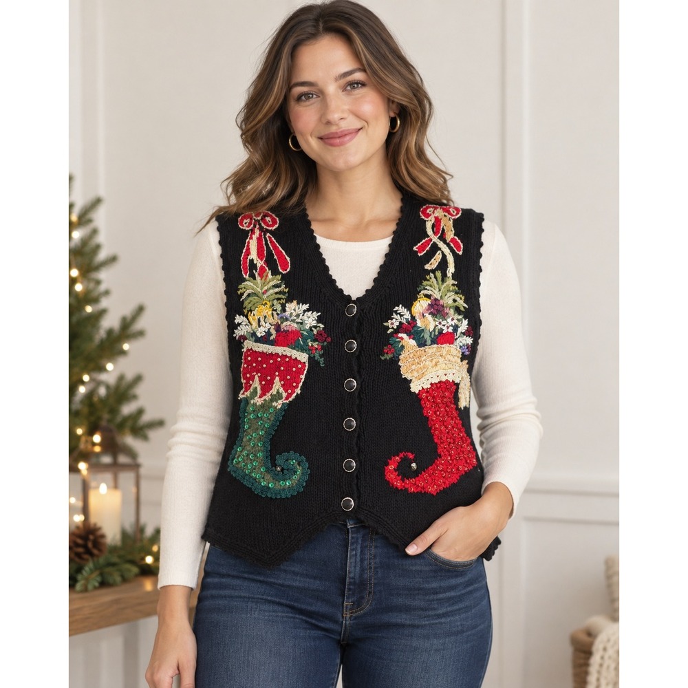 Tiara International Christmas Vest Black Stocking Embroidered Sequin Vintage L